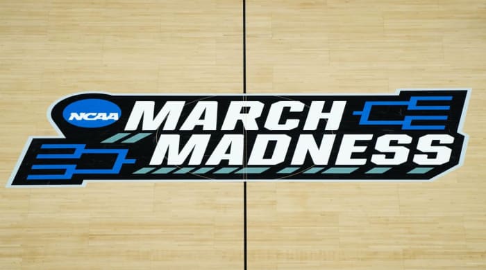 The March Madness logo prior to the game between the West Virginia Mountaineers and the Syracuse Orange in the second round of the 2021 NCAA Tournament at Bankers Life Fieldhouse.